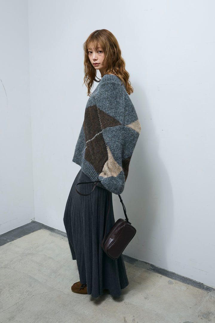 [予約/SET]ビッグアーガイルVネックニット+リブニットスカート(2set)