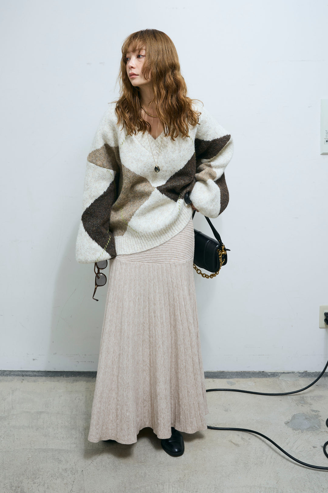 [予約/SET]ビッグアーガイルVネックニット+リブニットスカート(2set)