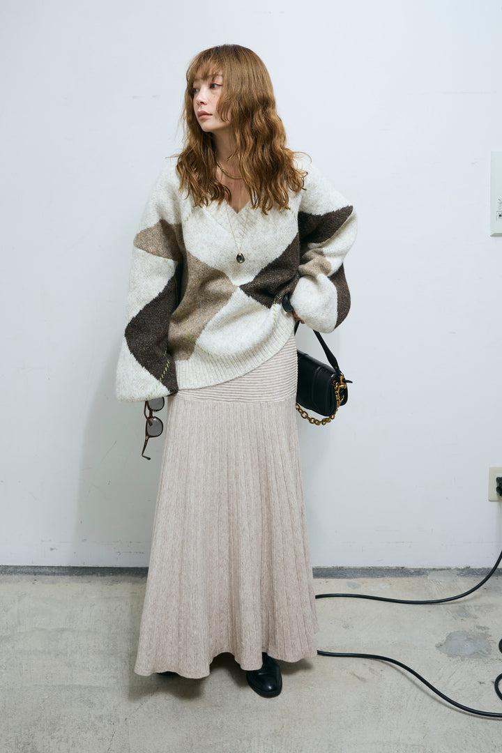 [予約/SET]ビッグアーガイルVネックニット+リブニットスカート(2set)