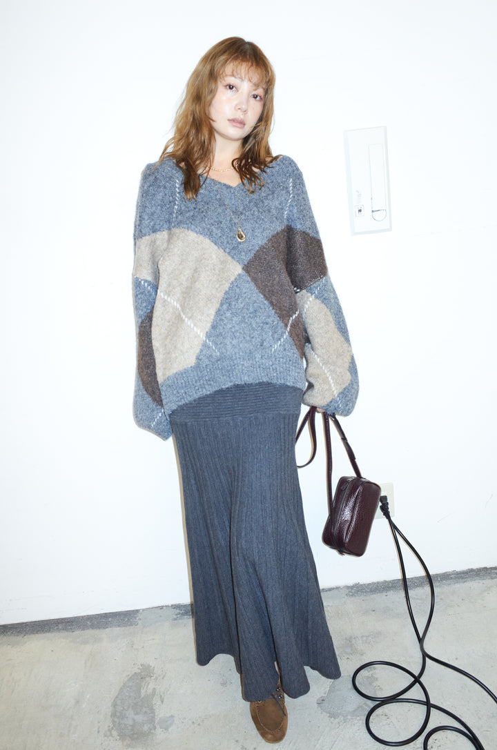 [予約/SET]ビッグアーガイルVネックニット+リブニットスカート(2set)
