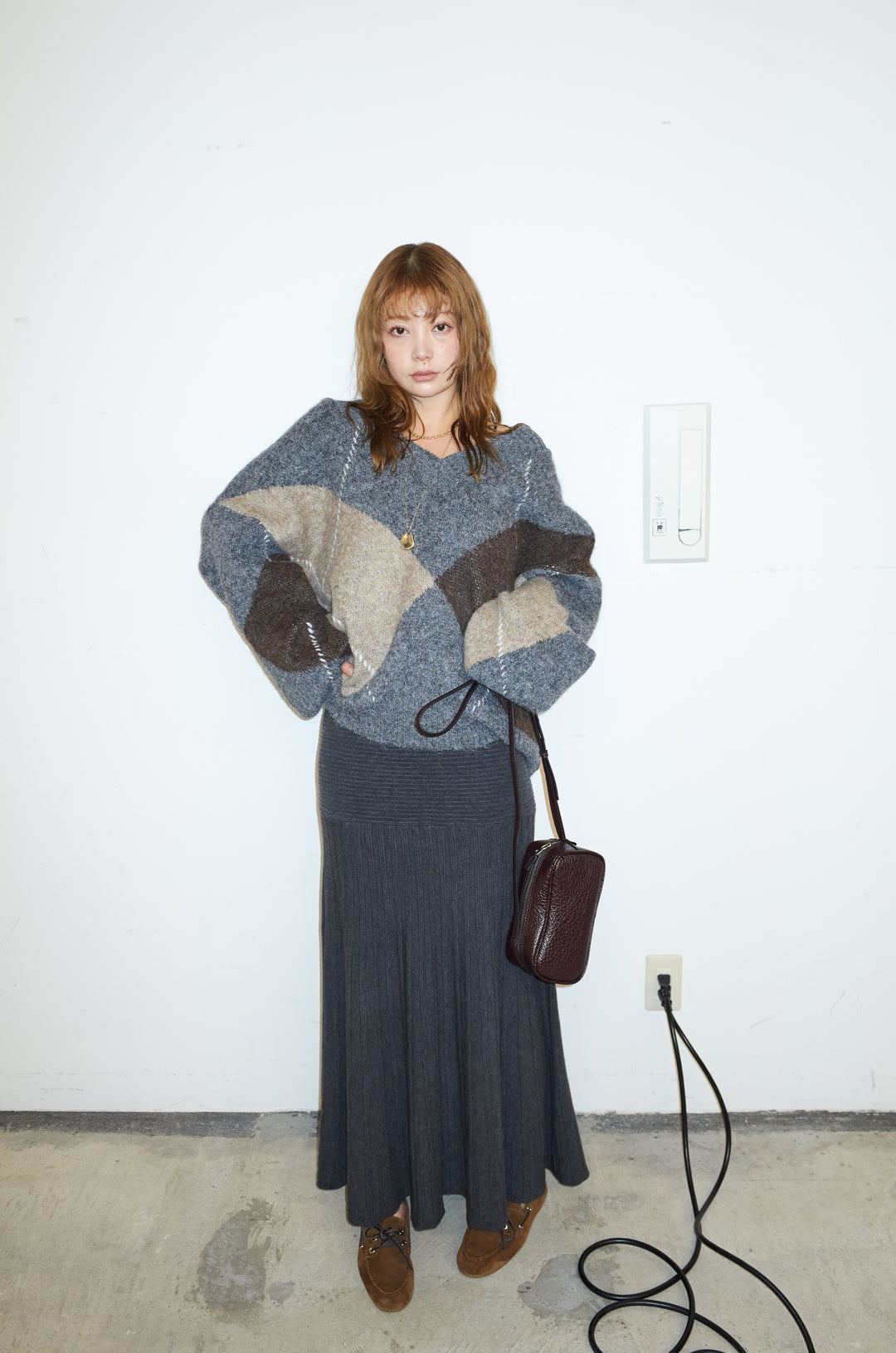 [予約/SET]ビッグアーガイルVネックニット+リブニットスカート(2set)