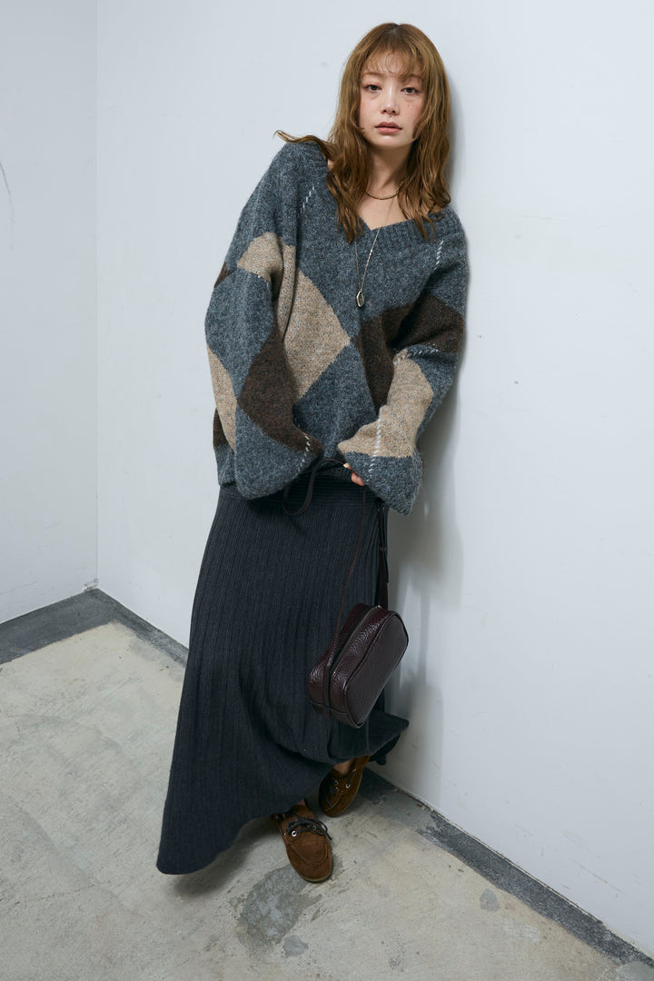 [予約/SET]ビッグアーガイルVネックニット+リブニットスカート(2set)