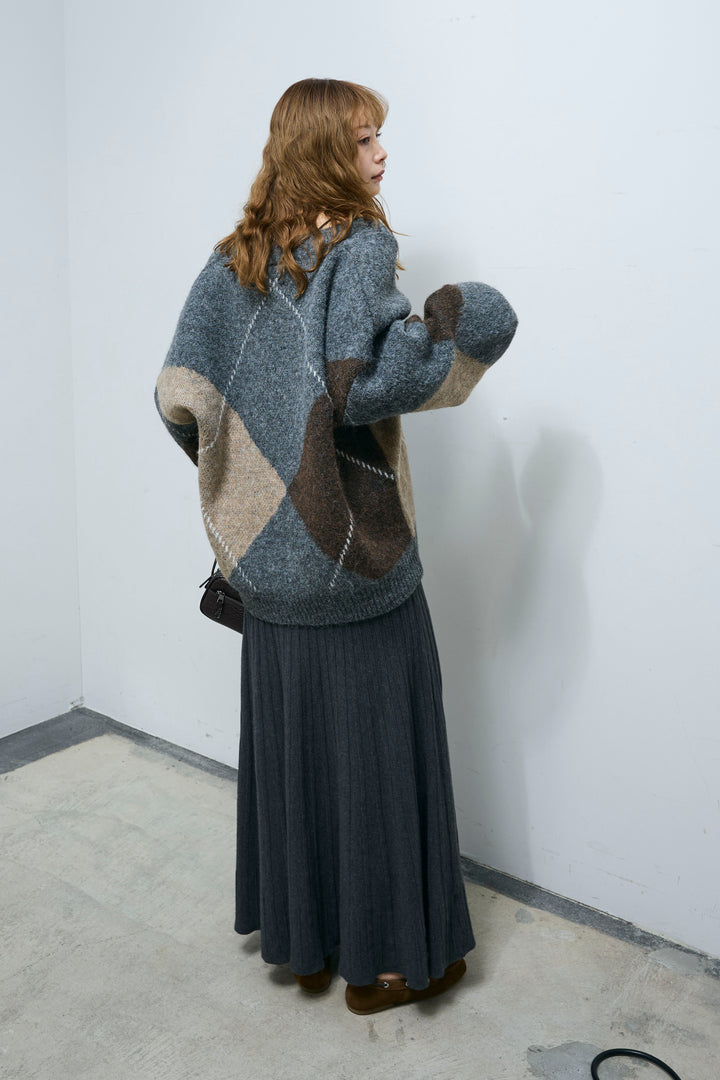 [予約/SET]ビッグアーガイルVネックニット+リブニットスカート(2set)