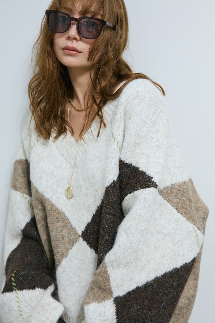 [予約/SET]ビッグアーガイルVネックニット+リブニットスカート(2set)