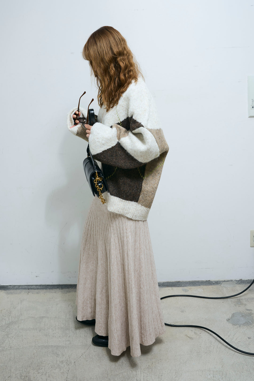 [予約/SET]ビッグアーガイルVネックニット+リブニットスカート(2set)