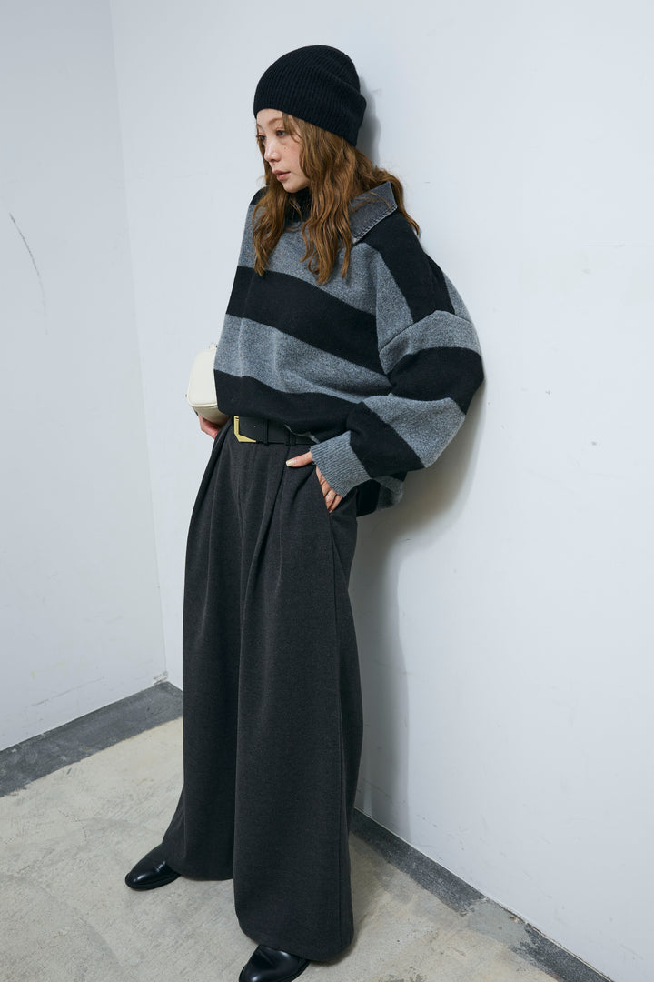 [予約/SET]デニムカラーラガーニットPO+ベルト付きリバースタックパンツ(2set)