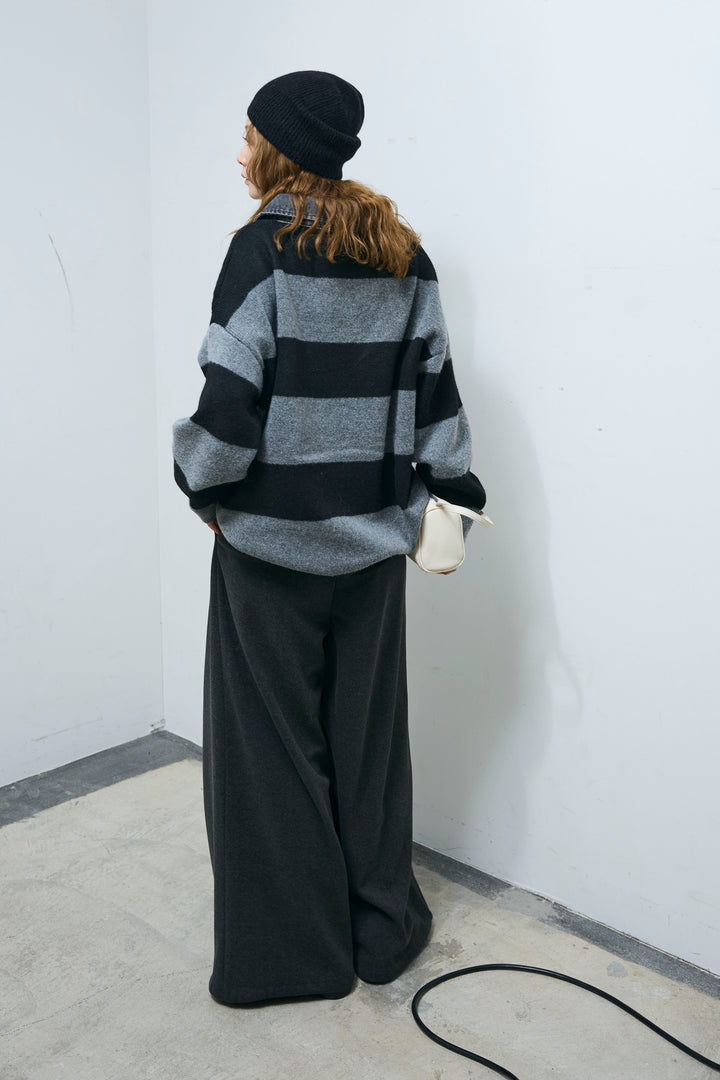 [予約/SET]デニムカラーラガーニットPO+ベルト付きリバースタックパンツ(2set)