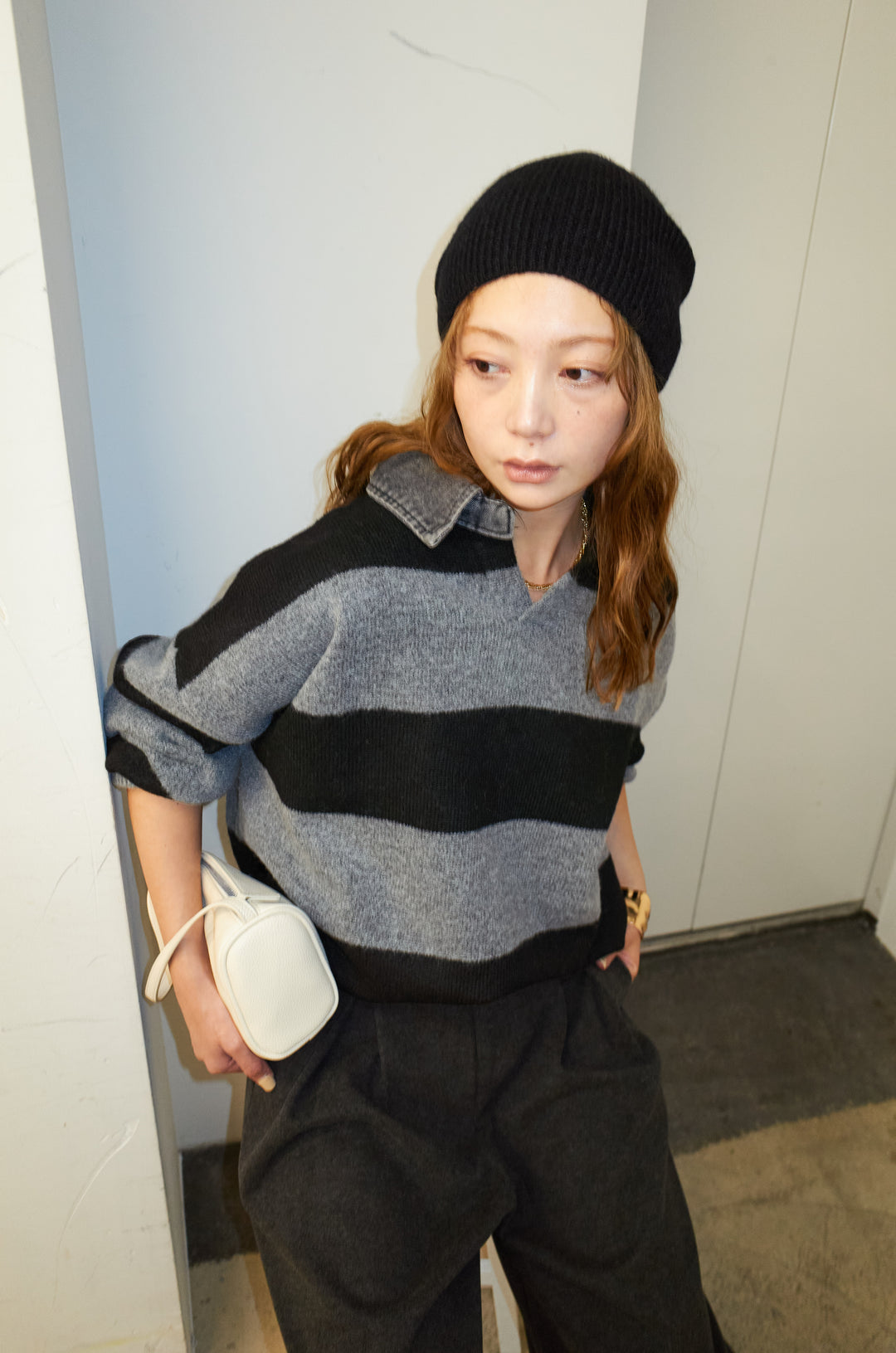 [予約/SET]デニムカラーラガーニットPO+ベルト付きリバースタックパンツ(2set)