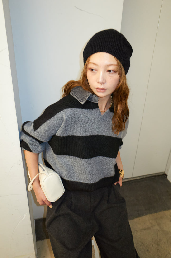 [予約/SET]デニムカラーラガーニットPO+ベルト付きリバースタックパンツ(2set)