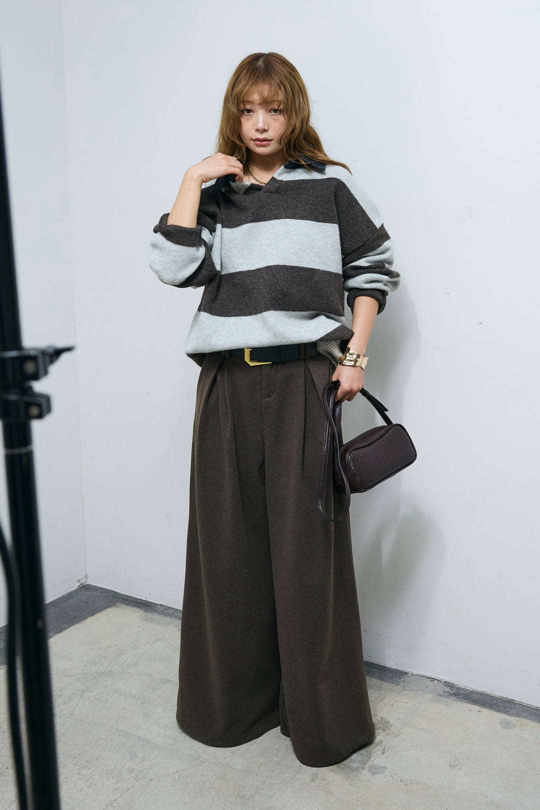 [予約/SET]デニムカラーラガーニットPO+ベルト付きリバースタックパンツ(2set)