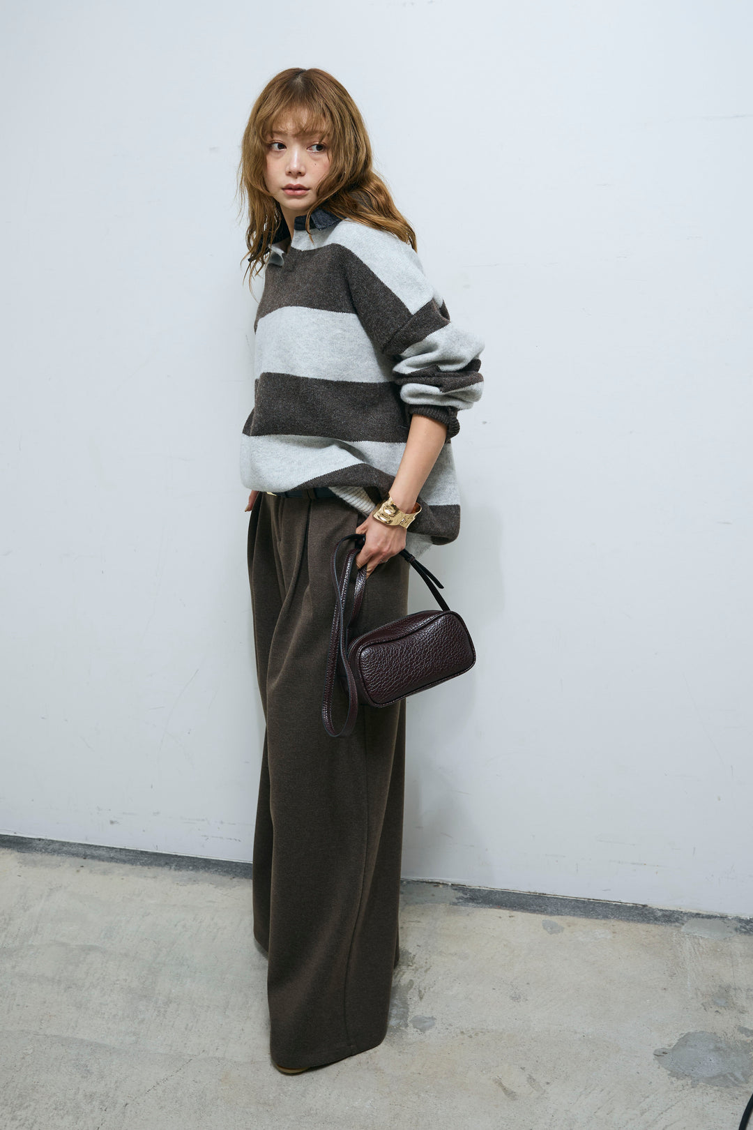 [予約/SET]デニムカラーラガーニットPO+ベルト付きリバースタックパンツ(2set)