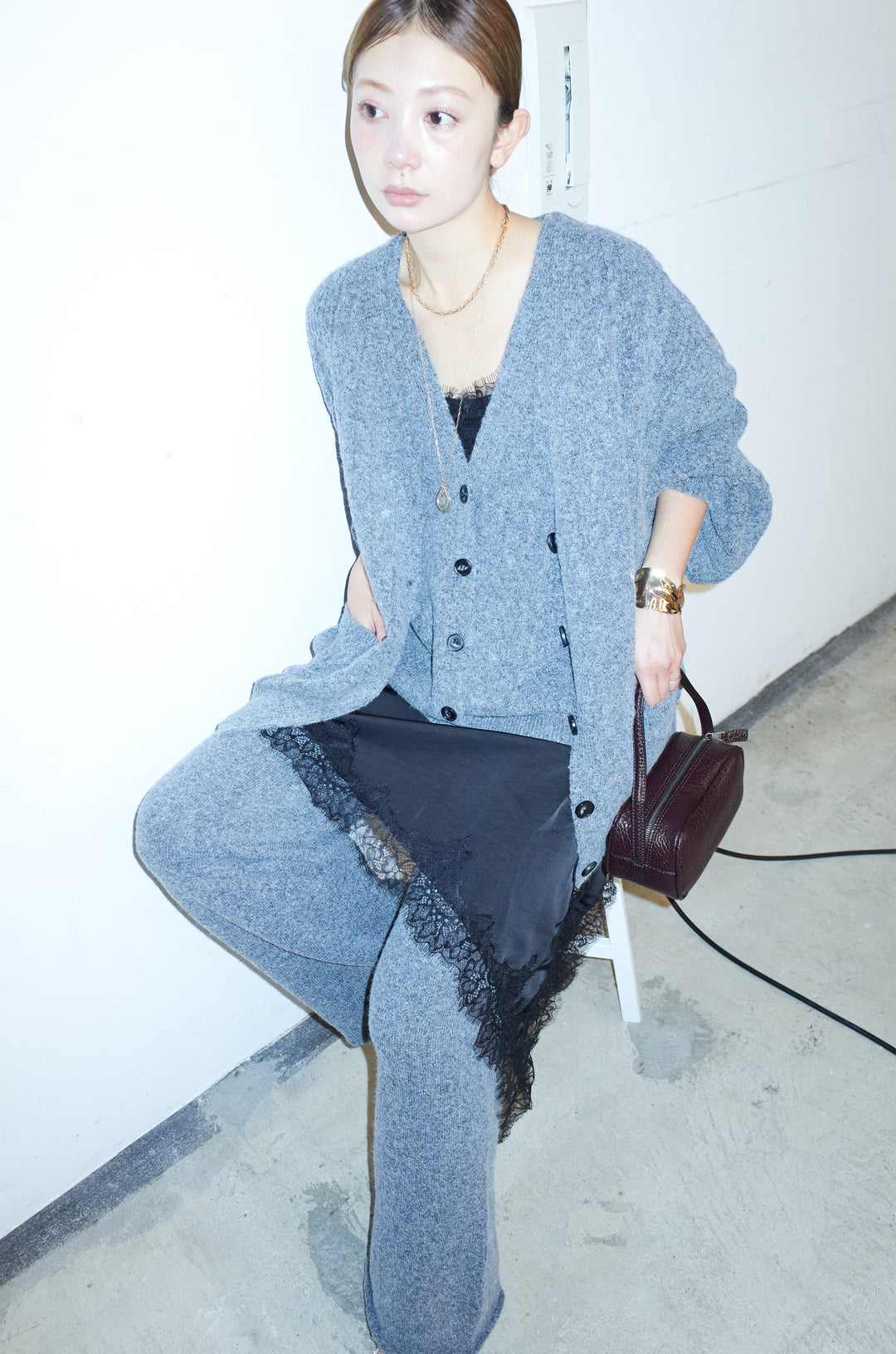 [予約/SET]エブリデイ3ピースニットアップ+アシンメトリーレースロングキャミ(2set)