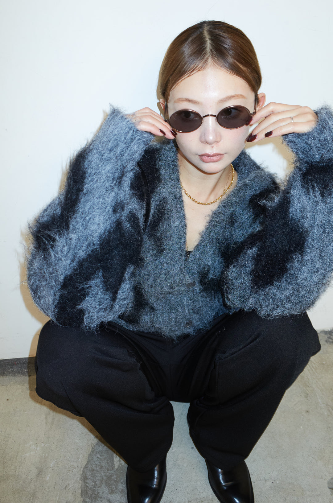 [予約/SET]ウールミックスシャギーレオパードカーデ+エフォートレスカーブパンツ(2set)