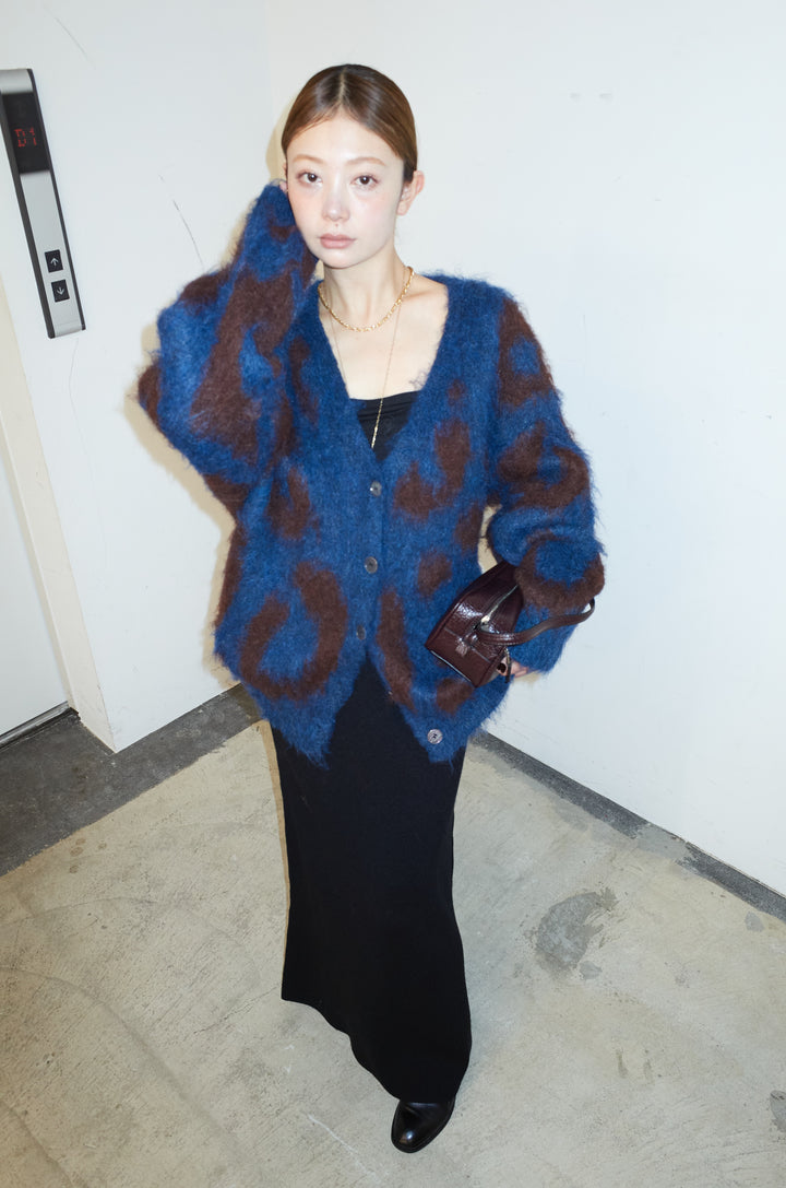 [予約/SET]ウールミックスシャギーレオパードカーデ+リブニットナロースカート(2set)