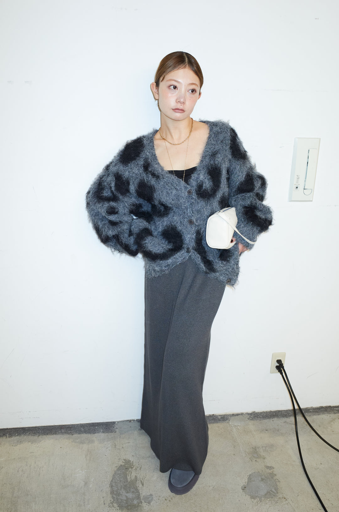 [予約/SET]ウールミックスシャギーレオパードカーデ+リブニットナロースカート(2set)