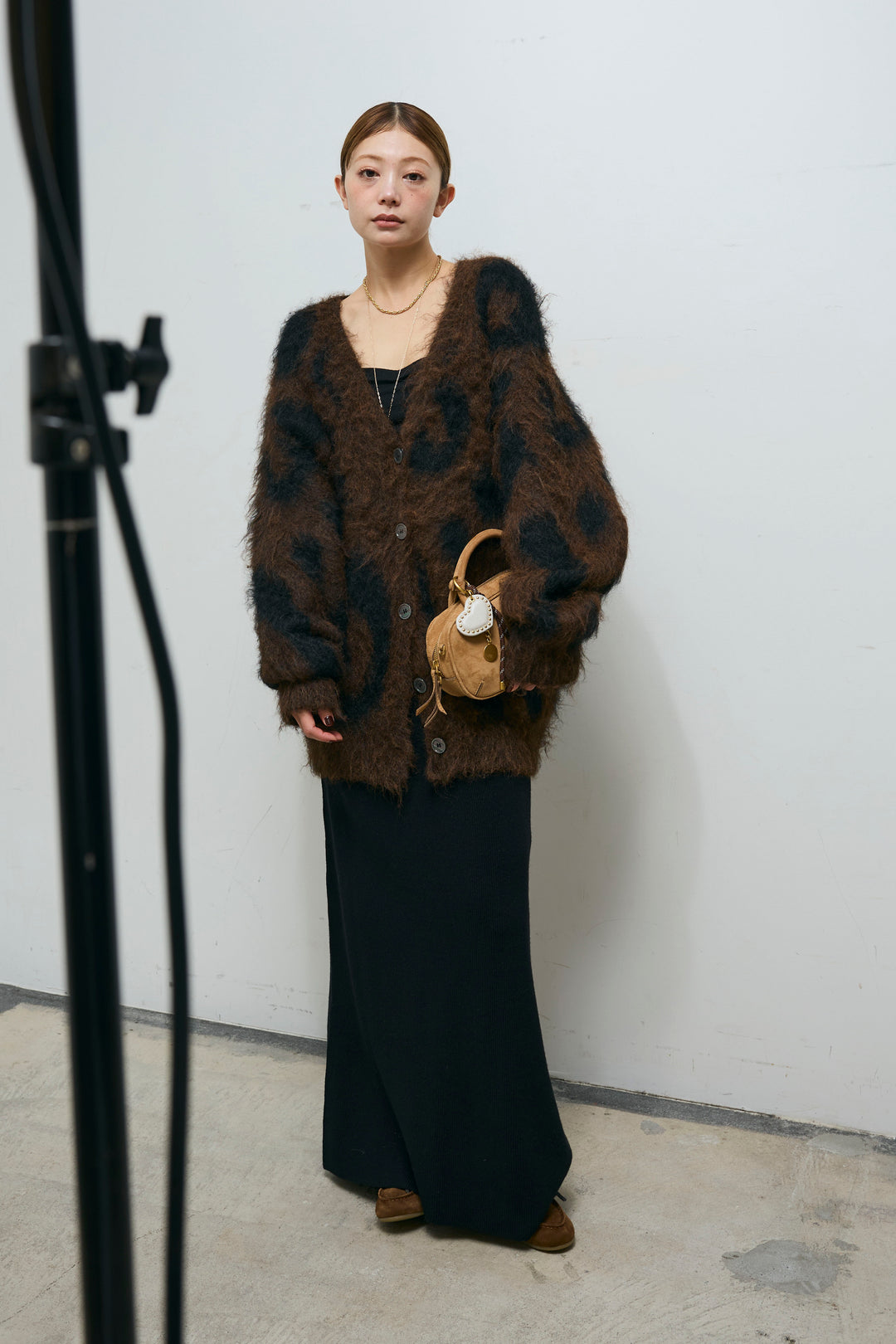 [予約/SET]ウールミックスシャギーレオパードカーデ+リブニットナロースカート(2set)