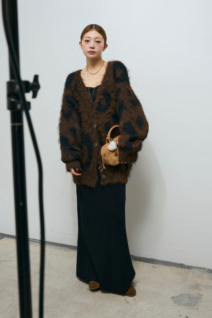 [予約/SET]ウールミックスシャギーレオパードカーデ+リブニットナロースカート(2set)