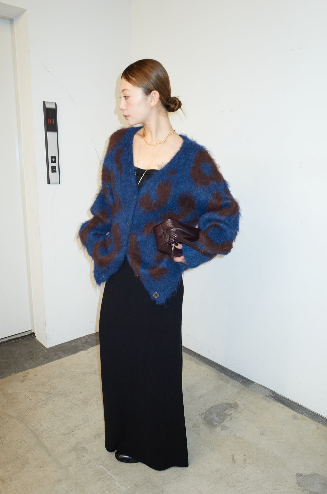 [予約/SET]ウールミックスシャギーレオパードカーデ+リブニットナロースカート(2set)