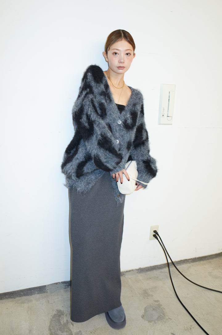 [予約/SET]ウールミックスシャギーレオパードカーデ+リブニットナロースカート(2set)