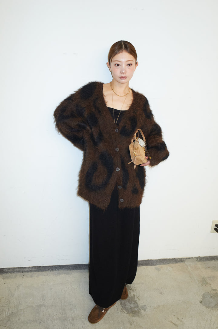 [予約/SET]ウールミックスシャギーレオパードカーデ+リブニットナロースカート(2set)