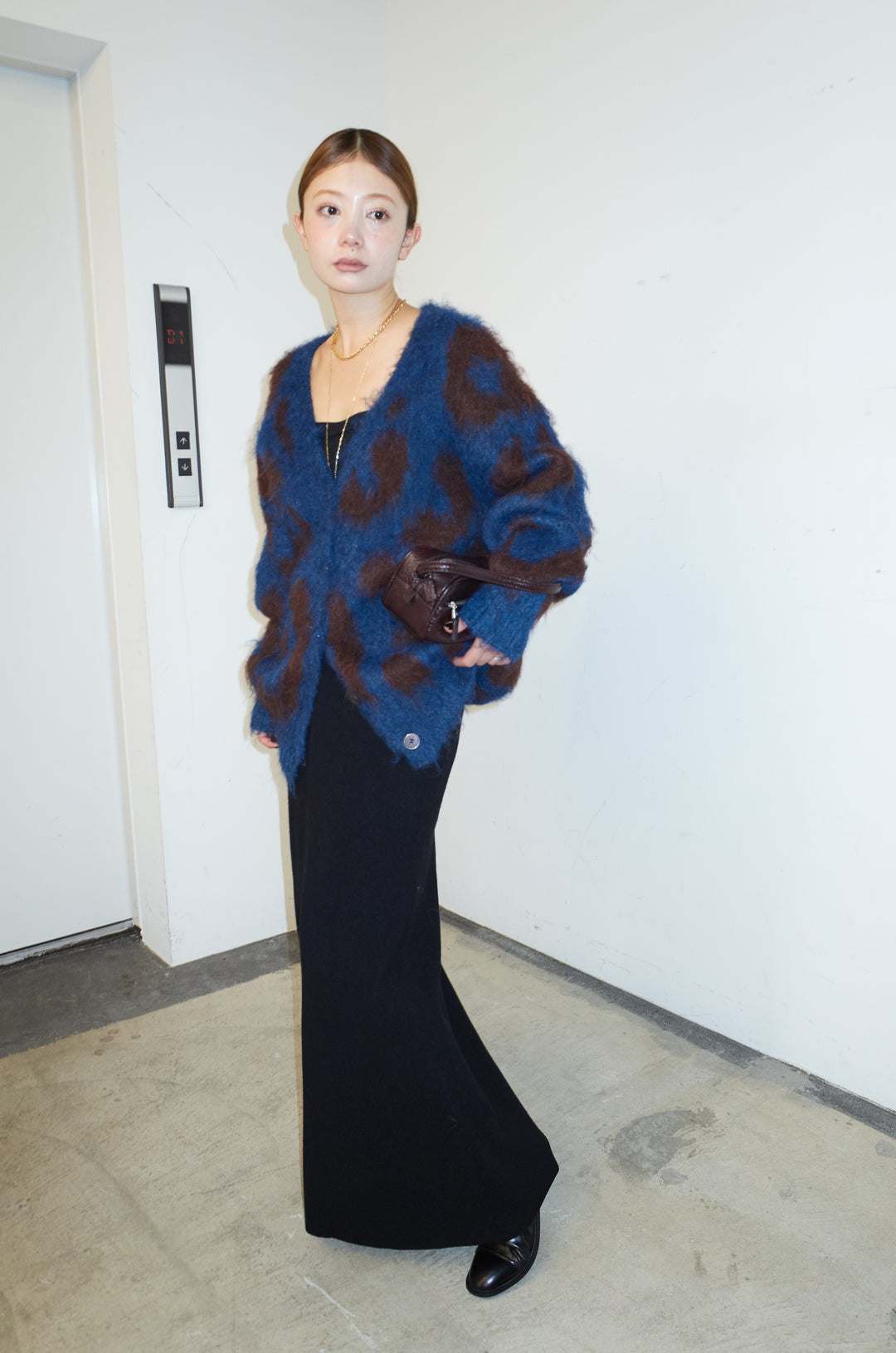 [予約/SET]ウールミックスシャギーレオパードカーデ+リブニットナロースカート(2set)