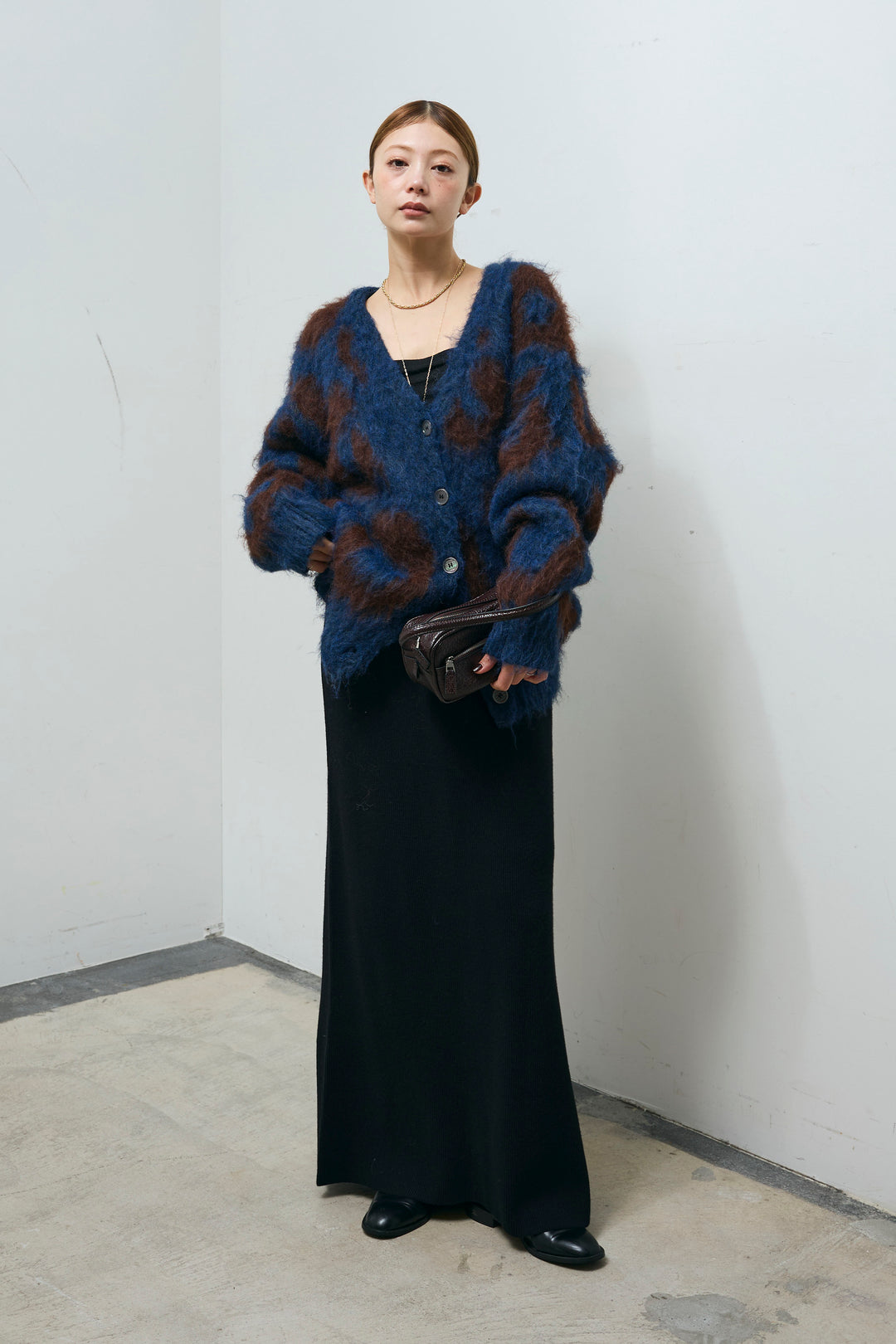 [予約/SET]ウールミックスシャギーレオパードカーデ+リブニットナロースカート(2set)