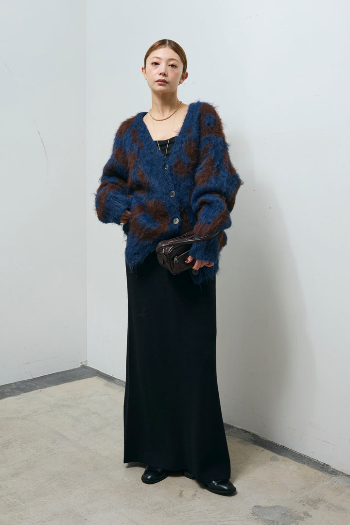 [予約/SET]ウールミックスシャギーレオパードカーデ+リブニットナロースカート(2set)