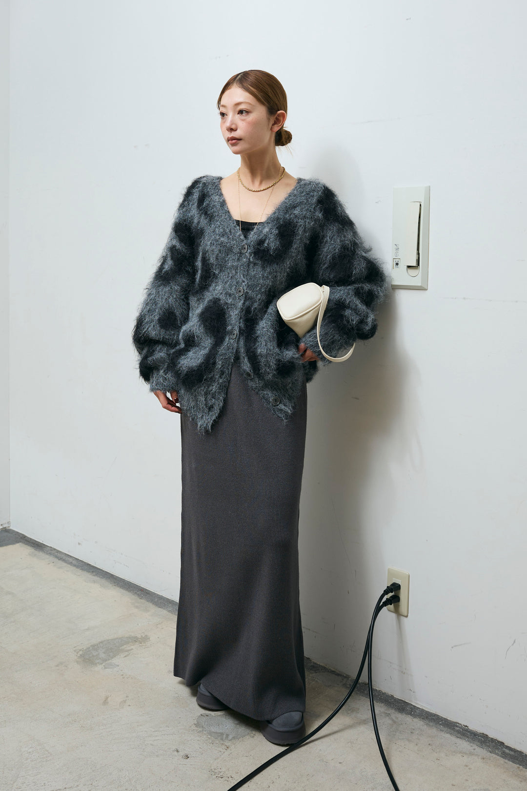 [予約/SET]ウールミックスシャギーレオパードカーデ+リブニットナロースカート(2set)