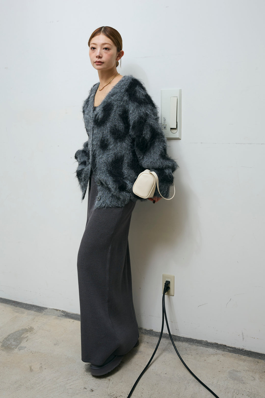 [予約/SET]ウールミックスシャギーレオパードカーデ+リブニットナロースカート(2set)