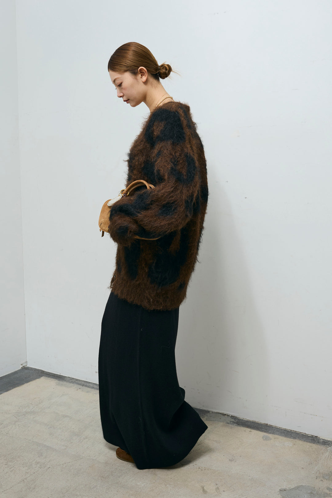 [予約/SET]ウールミックスシャギーレオパードカーデ+リブニットナロースカート(2set)