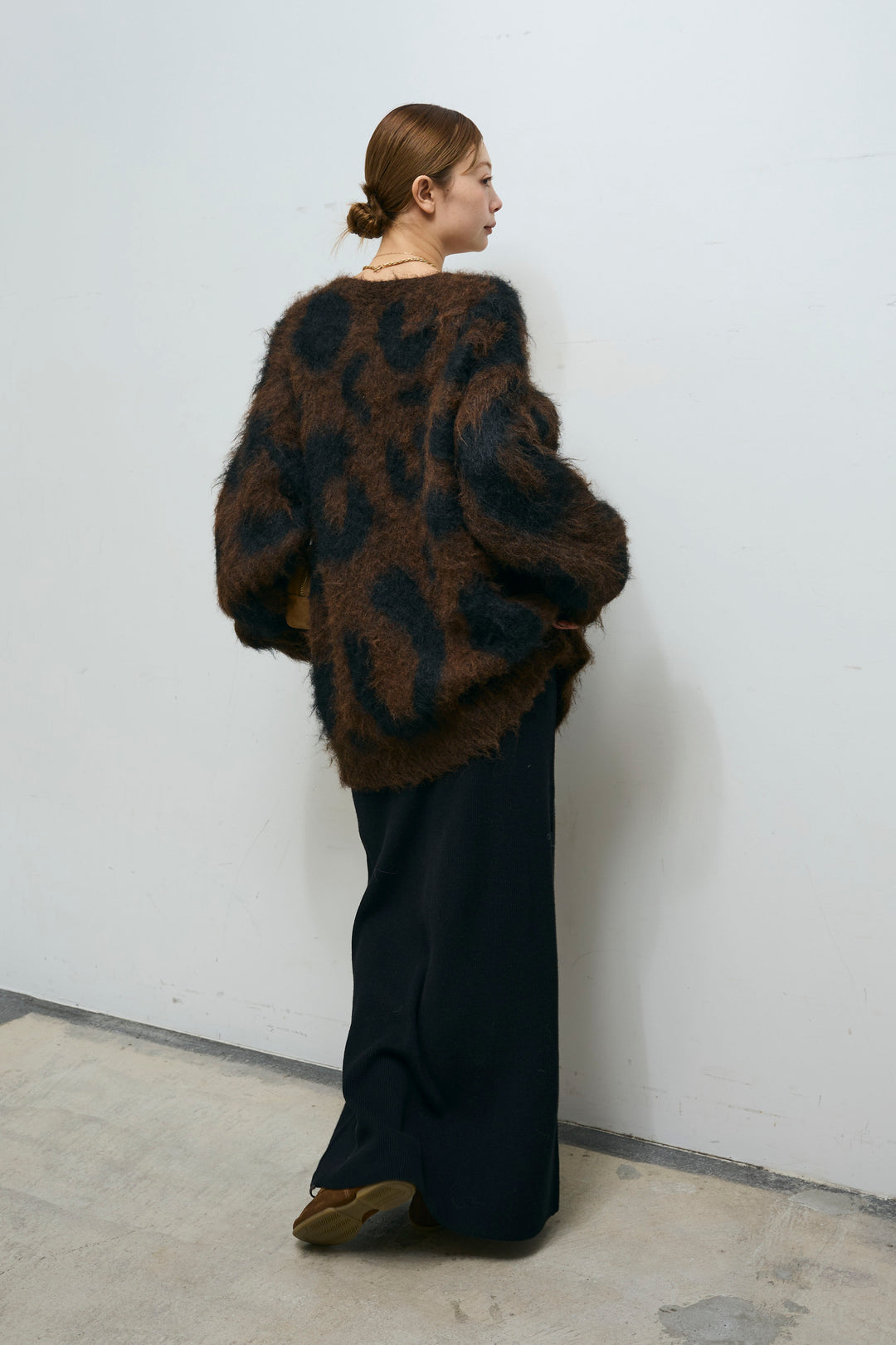 [予約/SET]ウールミックスシャギーレオパードカーデ+リブニットナロースカート(2set)