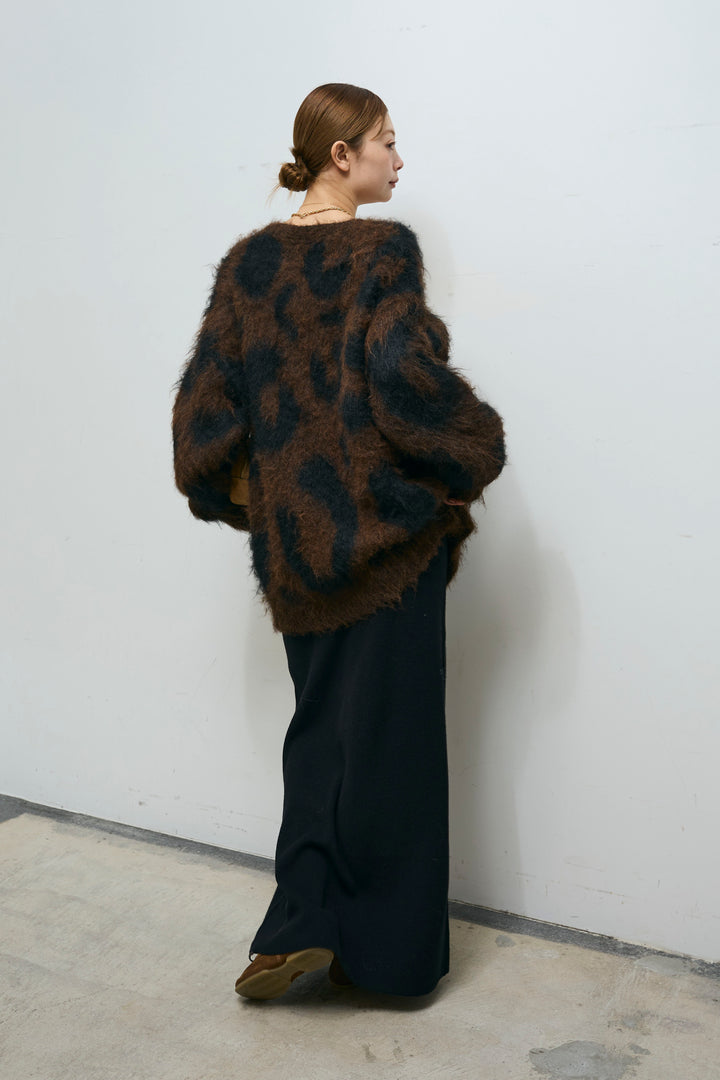 [予約/SET]ウールミックスシャギーレオパードカーデ+リブニットナロースカート(2set)