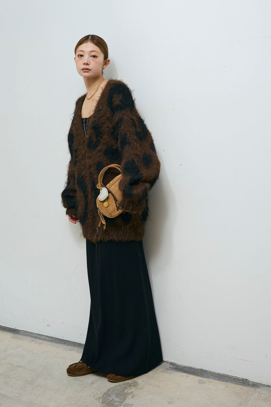 [予約/SET]ウールミックスシャギーレオパードカーデ+リブニットナロースカート(2set)