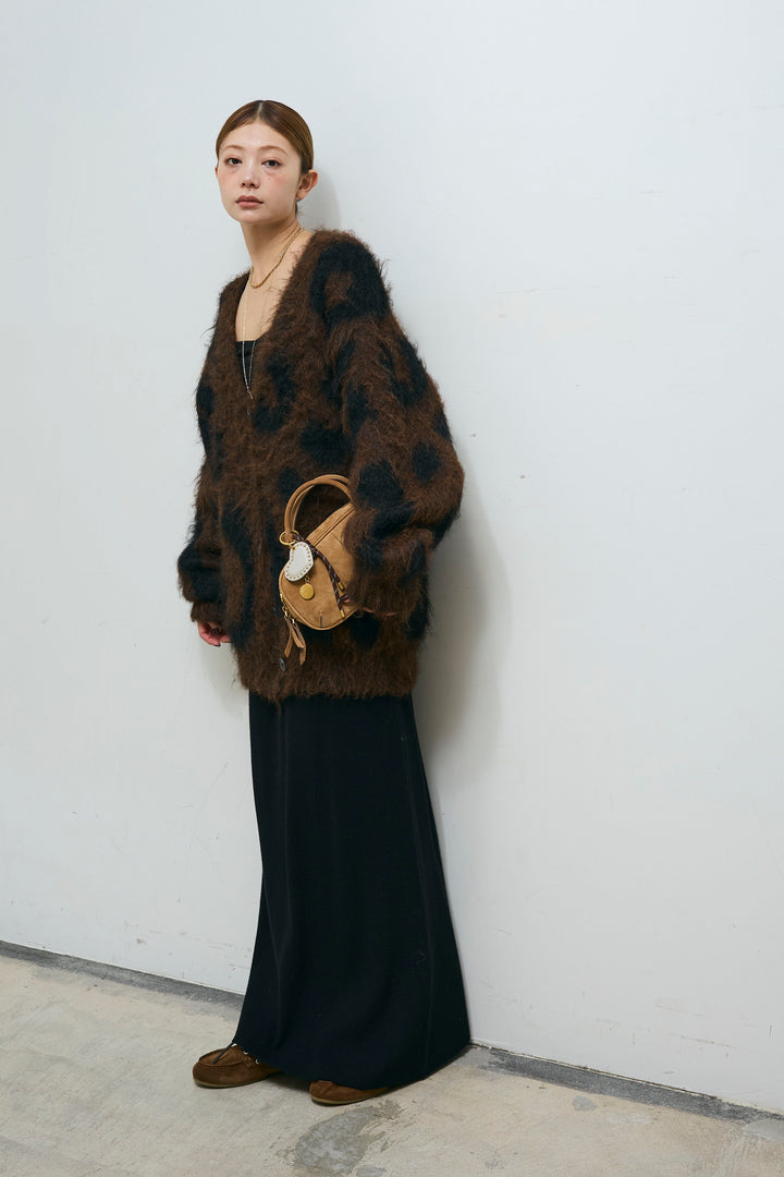 [予約/SET]ウールミックスシャギーレオパードカーデ+リブニットナロースカート(2set)