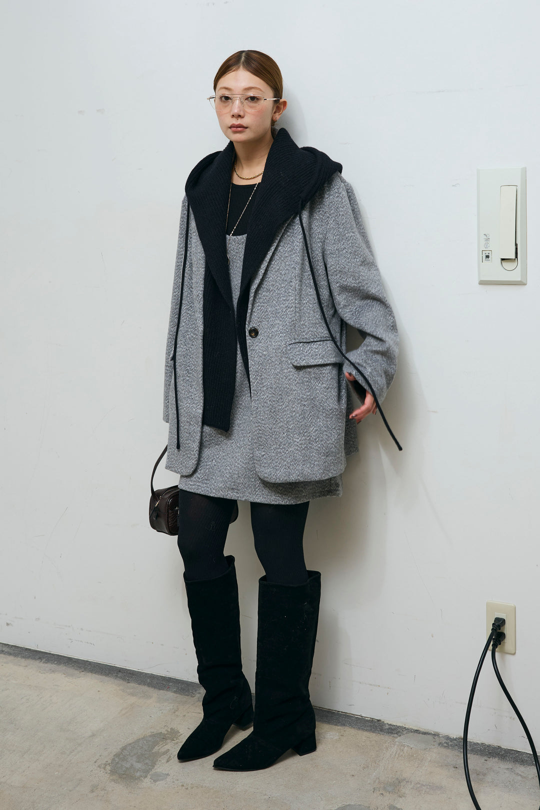 [予約/SET]フェイクウールオーバーJK+釦ボタンクルーネックリブニット+アルパカタッチフライトニットキャップ+フェイクウールミニジャンスカ(4set)